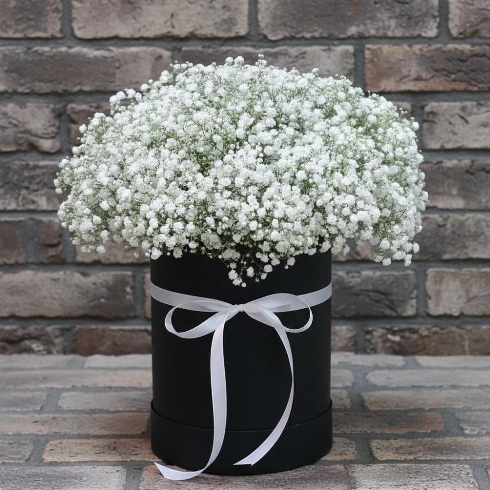 Цветочная композиция из Гипсофила в шляпной коробке в Павлоградке